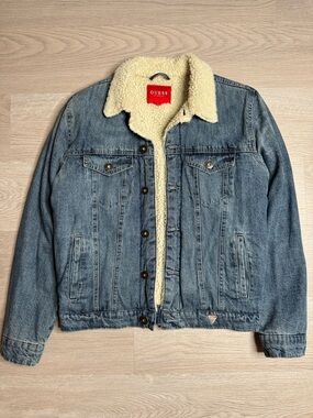 GUESS Mens Sherpa Lined Jean Jacket Small Blue Denim Trucker Coat Warm